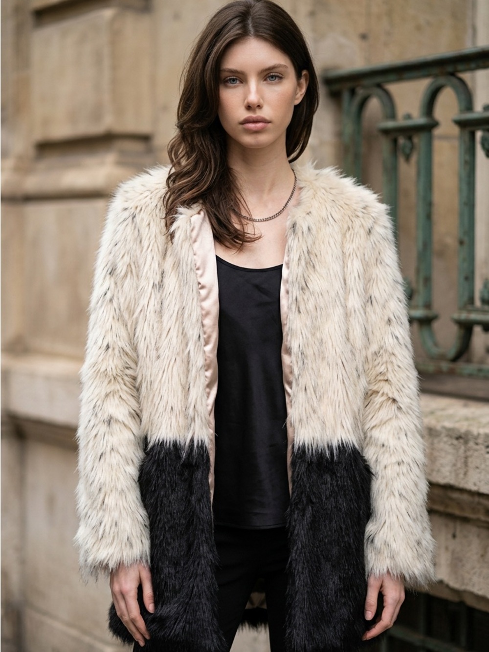 Express Two-Tone Faux Fur Teddy Coat in Cream and Black NEW no tags